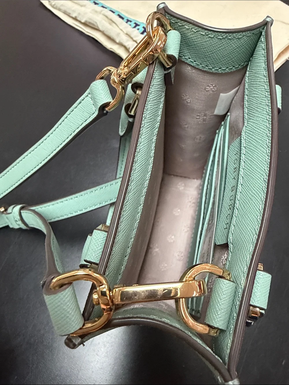 Tory Burch Mint Green Leather Mini Crossbody with Gold Hardware